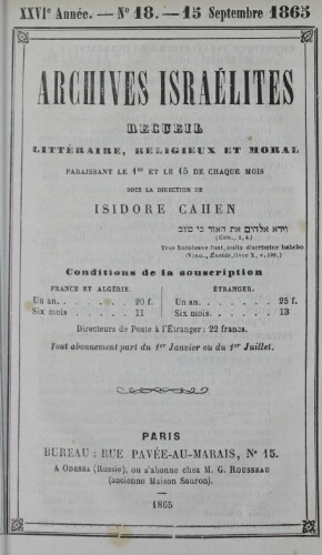 Archives israélites de France. Vol.26 N°18 (15 sept. 1865)